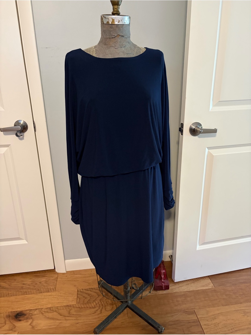 CHAPS Navy Long-Sleeve Blouson Dress NWT
